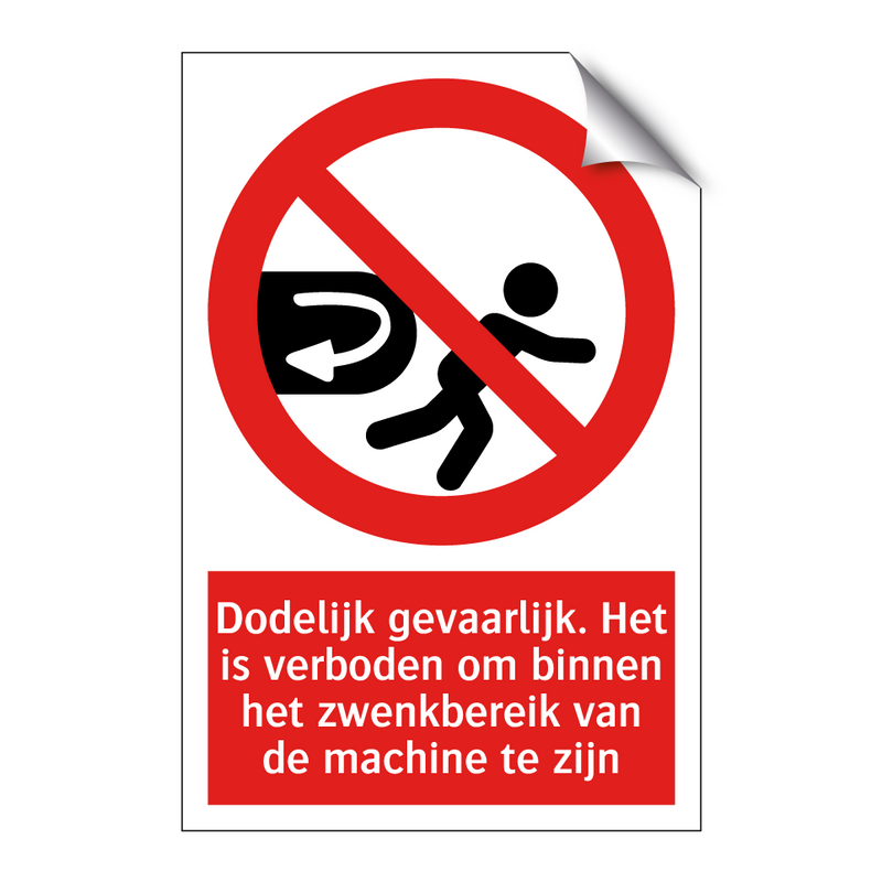 Dodelijk gevaarlijk. Het is verboden om binnen het zwenkbereik van de machine te zijn