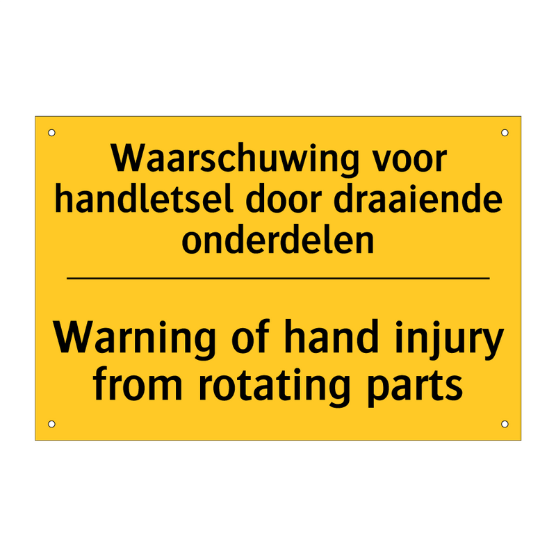 Waarschuwing voor handletsel door draaiende onderdelen - Warning of hand injury from rotating parts