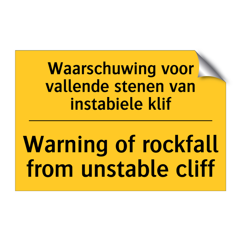 Waarschuwing voor vallende stenen van instabiele klif - Warning of rockfall from unstable cliff