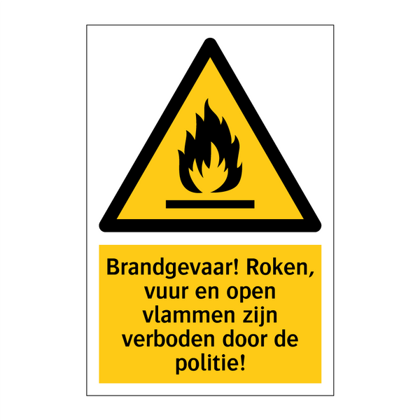 Brandgevaar! Roken, vuur en open vlammen zijn verboden door de politie!