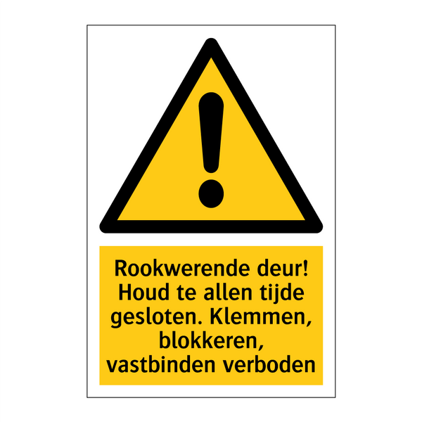 Rookwerende deur! Houd te allen tijde gesloten. Klemmen, blokkeren, vastbinden verboden