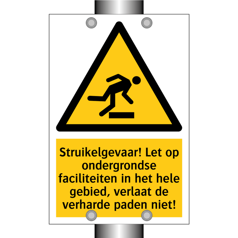 Struikelgevaar! Let op ondergrondse faciliteiten in het hele gebied, verlaat de verharde paden niet!