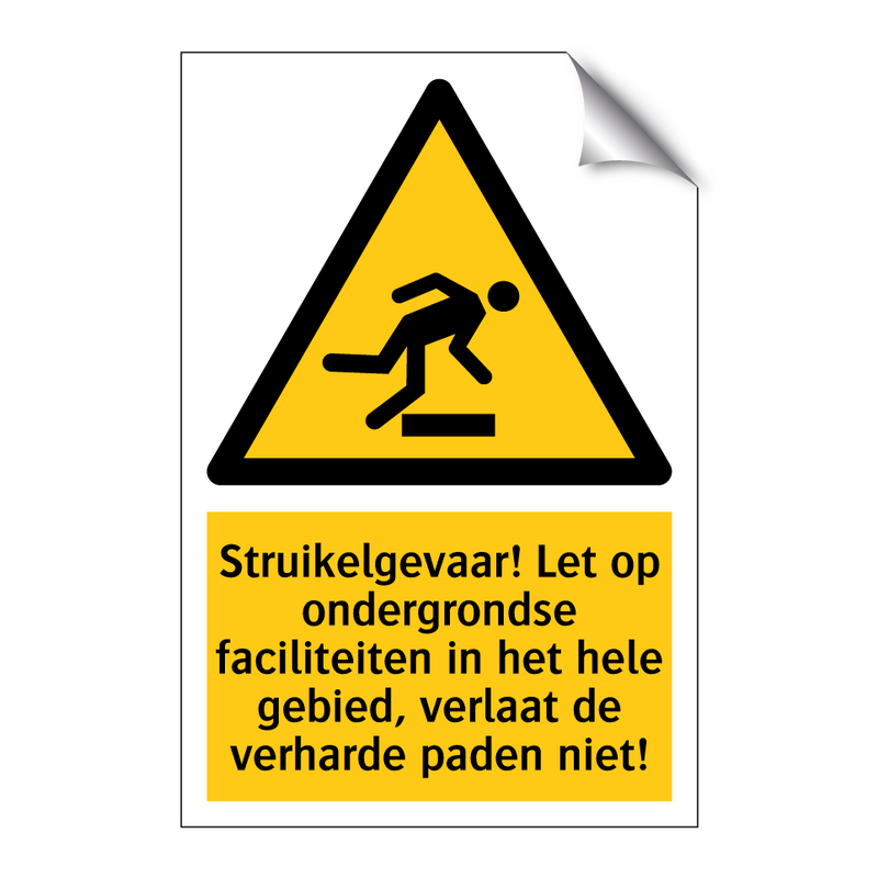 Struikelgevaar! Let op ondergrondse faciliteiten in het hele gebied, verlaat de verharde paden niet!