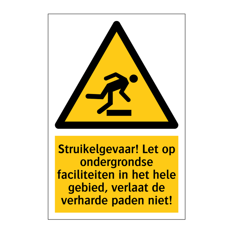 Struikelgevaar! Let op ondergrondse faciliteiten in het hele gebied, verlaat de verharde paden niet!