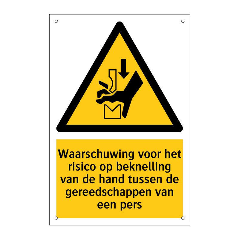 Waarschuwing voor het risico op beknelling van de hand tussen de gereedschappen van een pers