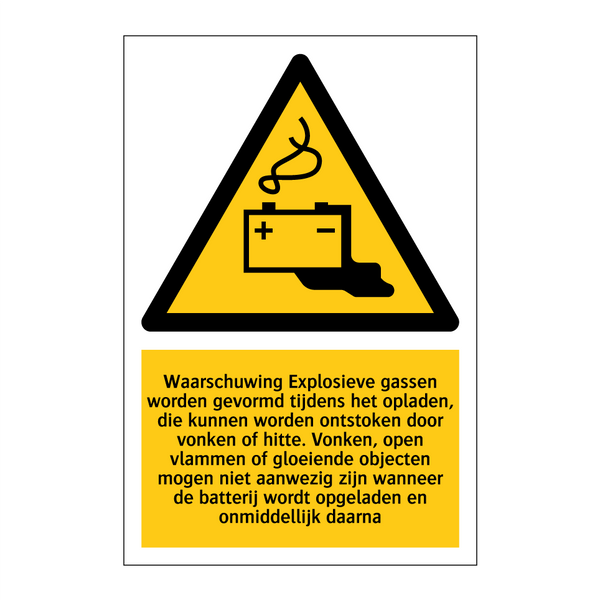 Waarschuwing Explosieve gassen worden gevormd tijdens het opladen, die kunnen worden ontstoken door vonken of hitte. Vonken, open vlammen of gloeiende objecten mogen niet aanwezig zijn wanneer de batterij wordt opgeladen en onmiddellijk daarna