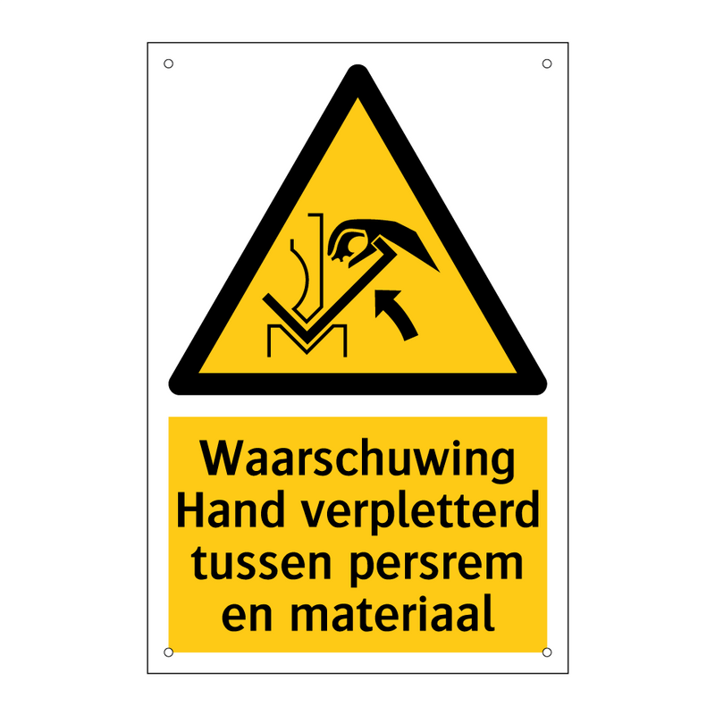 Waarschuwing Hand verpletterd tussen persrem en materiaal