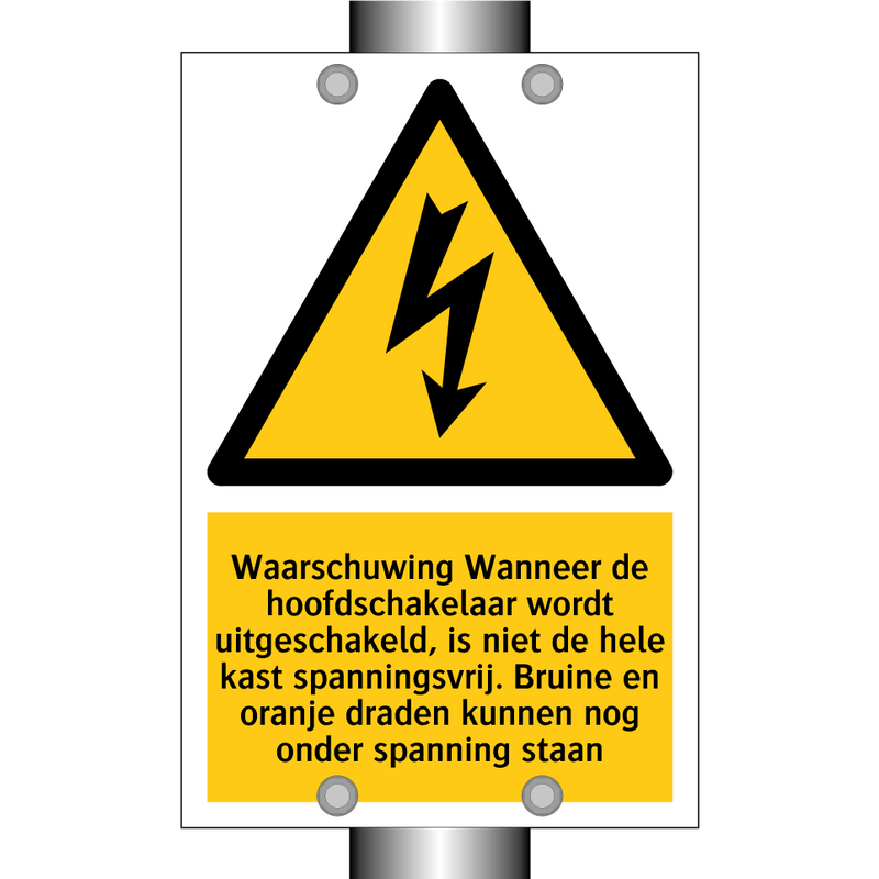 Waarschuwing Wanneer de hoofdschakelaar wordt uitgeschakeld, is niet de hele kast spanningsvrij. Bruine en oranje draden kunnen nog onder spanning staan