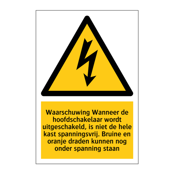 Waarschuwing Wanneer de hoofdschakelaar wordt uitgeschakeld, is niet de hele kast spanningsvrij. Bruine en oranje draden kunnen nog onder spanning staan